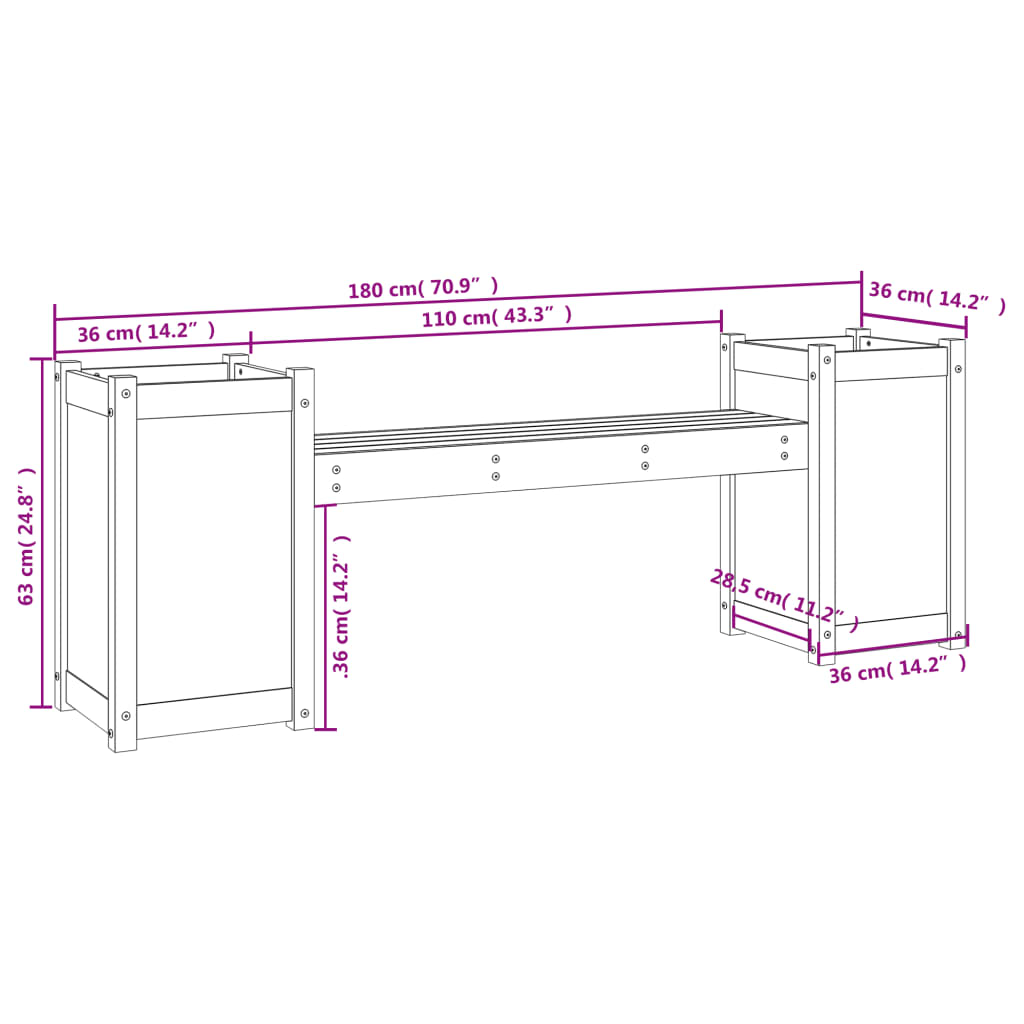 vidaXL Gartenbank mit Pflanzkübeln Schwarz 180x36x63 cm Massivholz