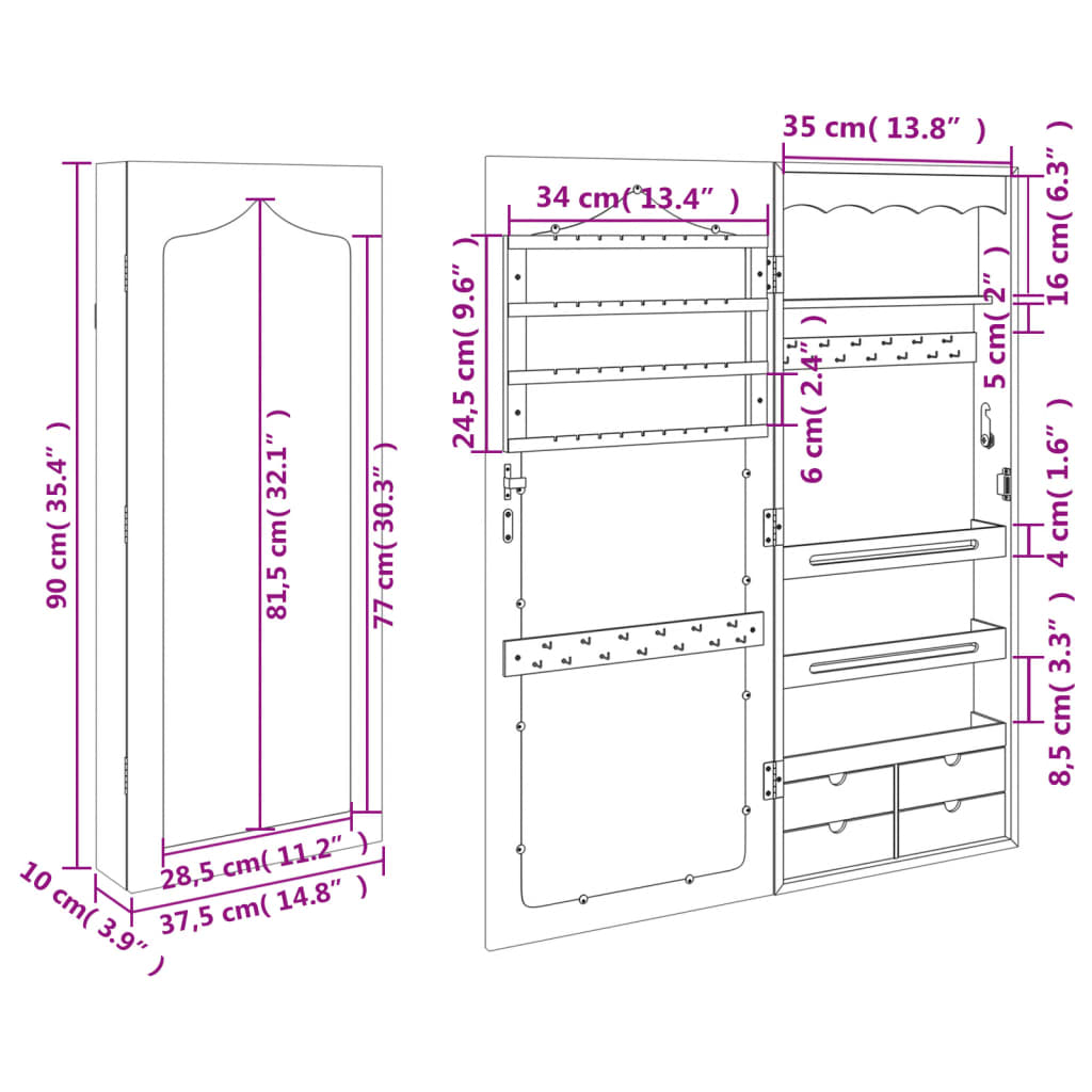 vidaXL Schmuckschrank mit Spiegel Wandmontage 37,5x10x90 cm