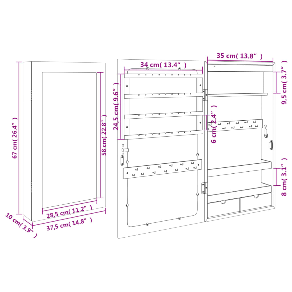 vidaXL Spiegel-Schmuckschrank mit LED-Beleuchtung Wandmontage