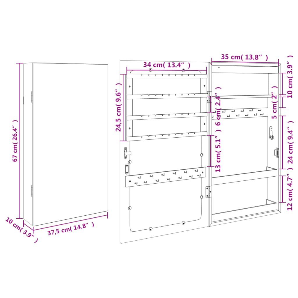 vidaXL Spiegel-Schmuckschrank mit LED-Beleuchtung Wandmontage Schwarz