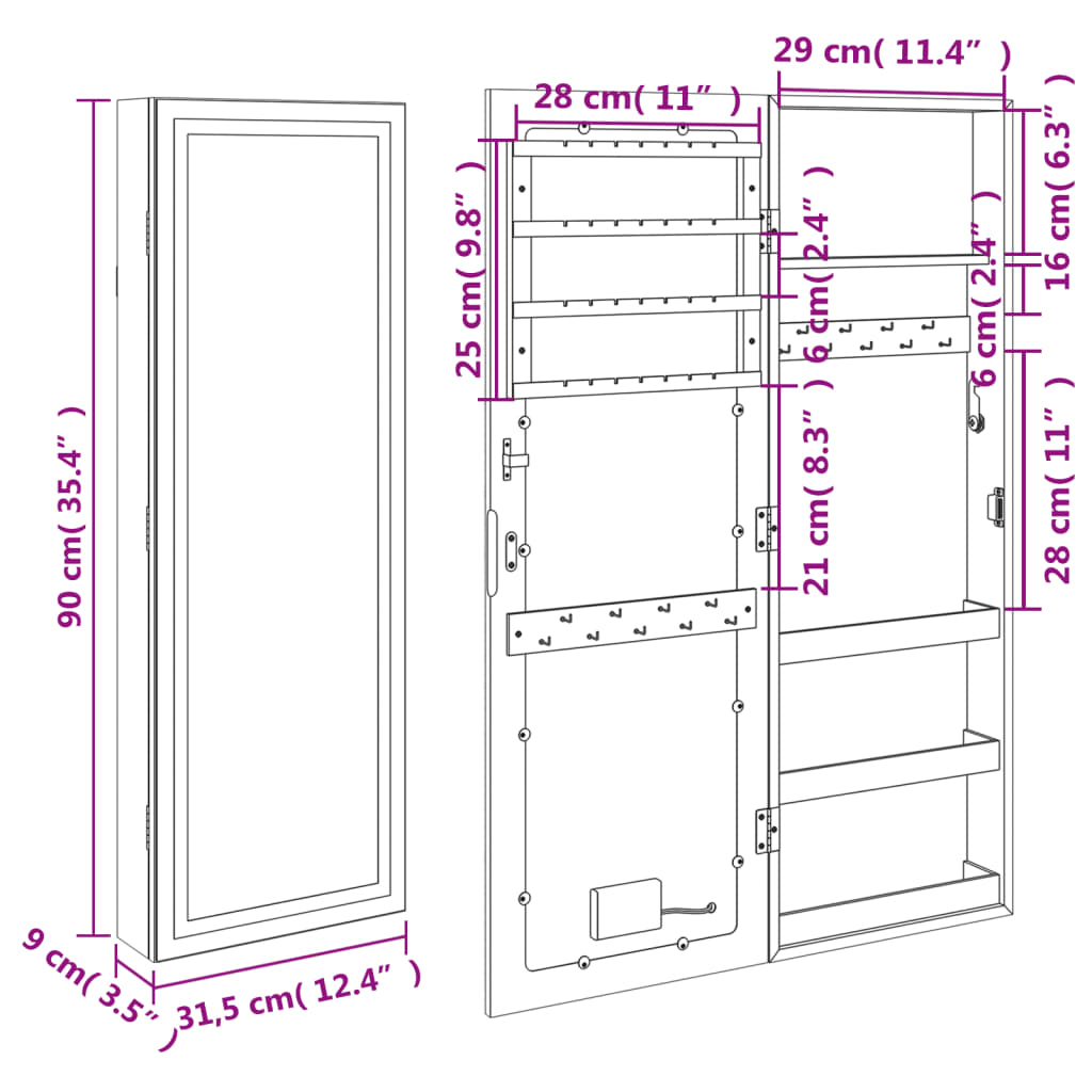 vidaXL Spiegel-Schmuckschrank mit LED-Beleuchtung Wandmontage Weiß