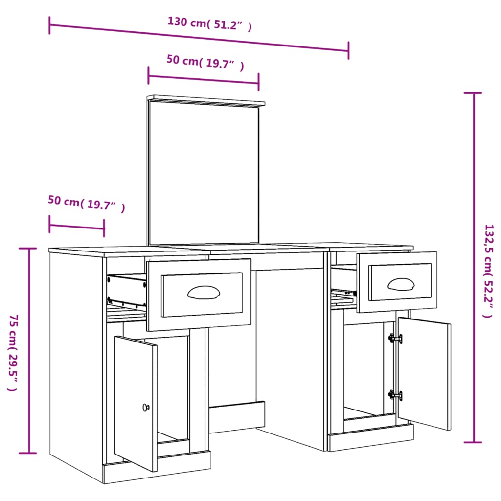 vidaXL Schminktisch mit Spiegel Betongrau 130x50x132,5 cm