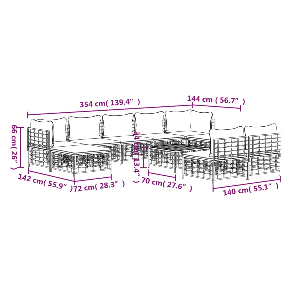 10-tlg. Garten-Lounge-Set mit Kissen Anthrazit Poly Rattan Stilecasa