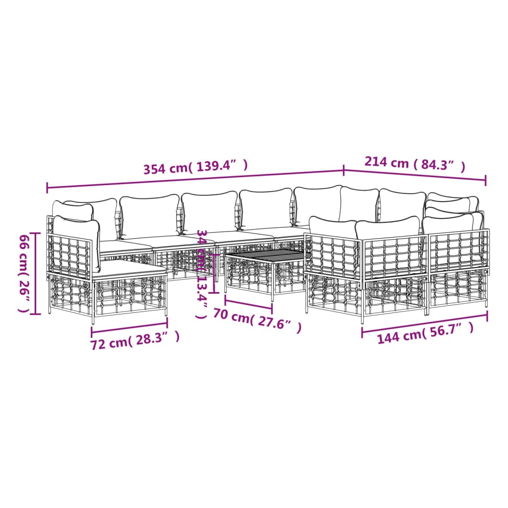 11-tlg. Garten-Lounge-Set mit Kissen Anthrazit Poly Rattan Stilecasa