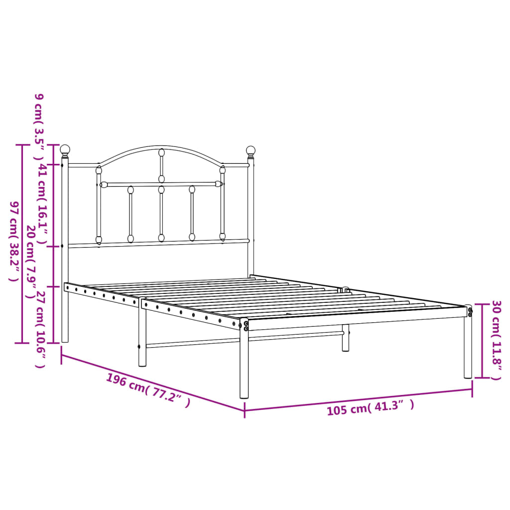 vidaXL Bettgestell mit Kopfteil Metall Schwarz 100x190 cm