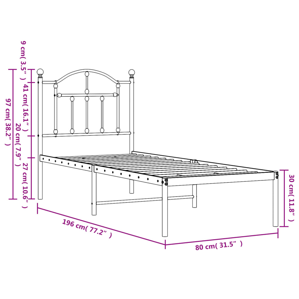 vidaXL Metallbett ohne Matratze mit Kopfteil Weiß 75x190 cm