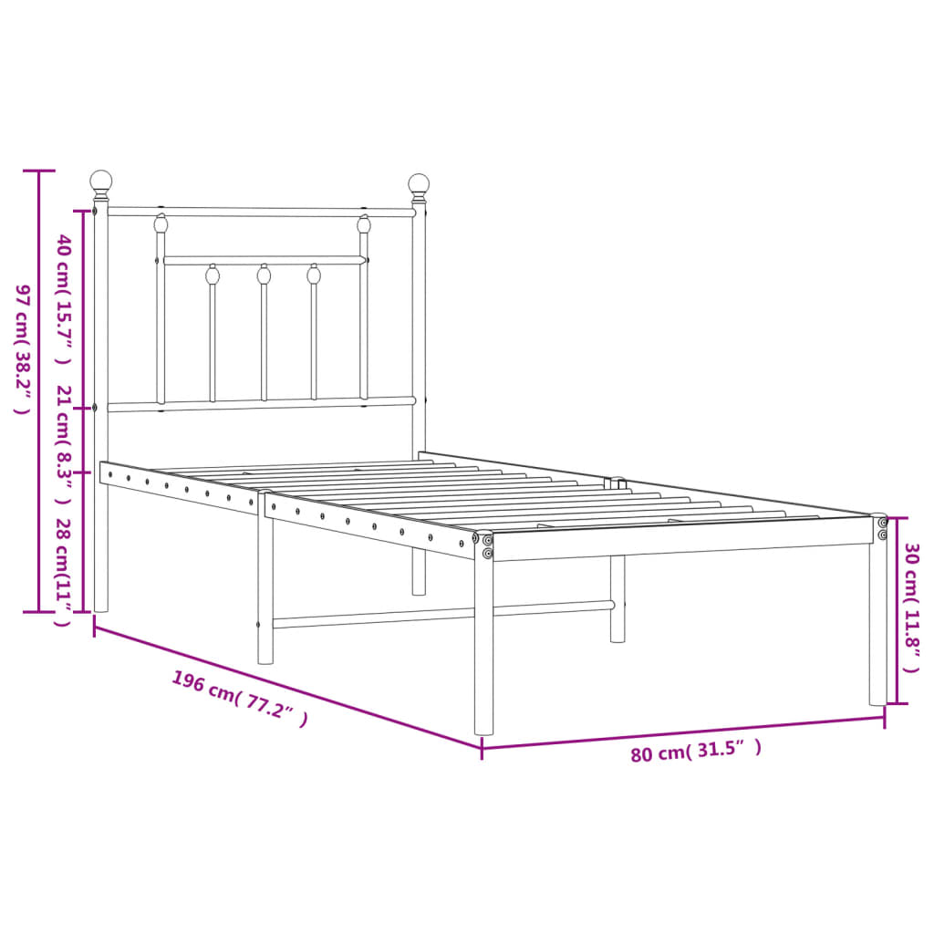 Metallbett ohne Matratze mit Kopfteil Weiß 75x190 cm Stilecasa