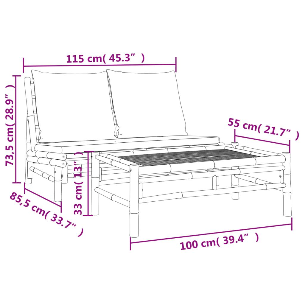 vidaXL 2-tlg. Garten-Lounge-Set mit Dunkelgrauen Kissen Bambus