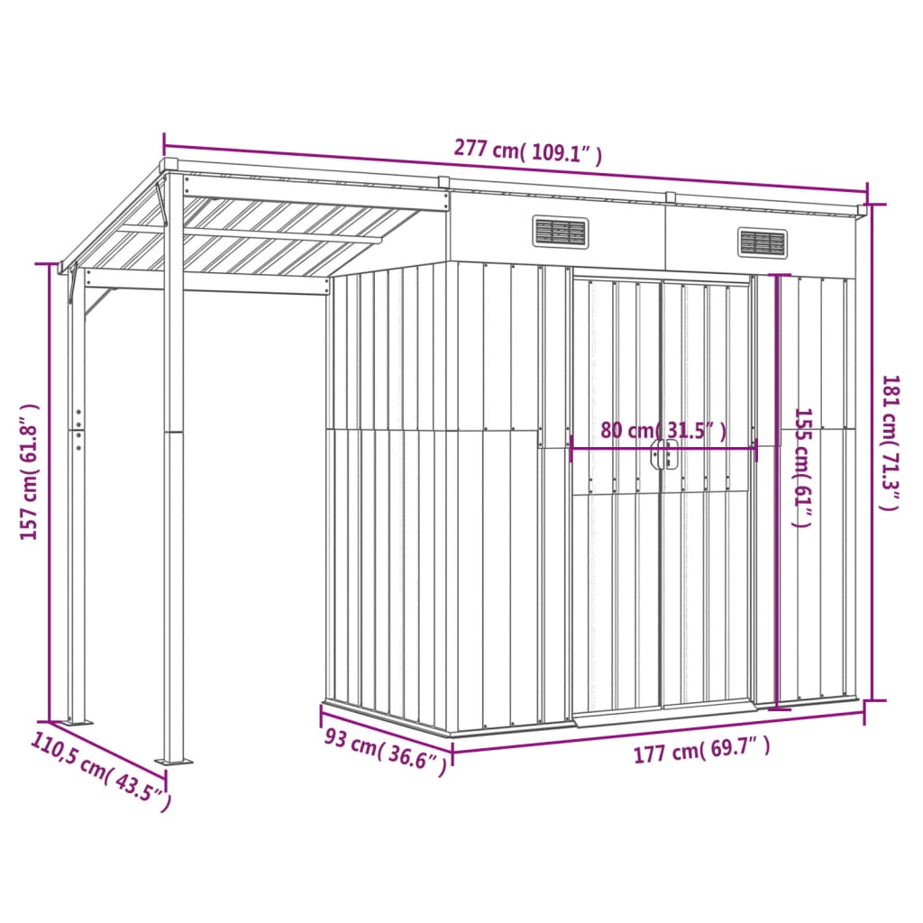 vidaXL Gartenhaus mit Schleppdach Grün 277x110,5x181 cm Stahl