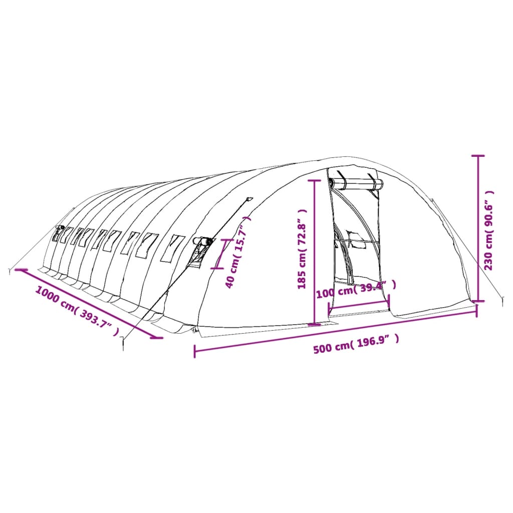 Gewächshaus mit Stahlrahmen Weiß 50 m² 10x5x2,3 m VIDAXL