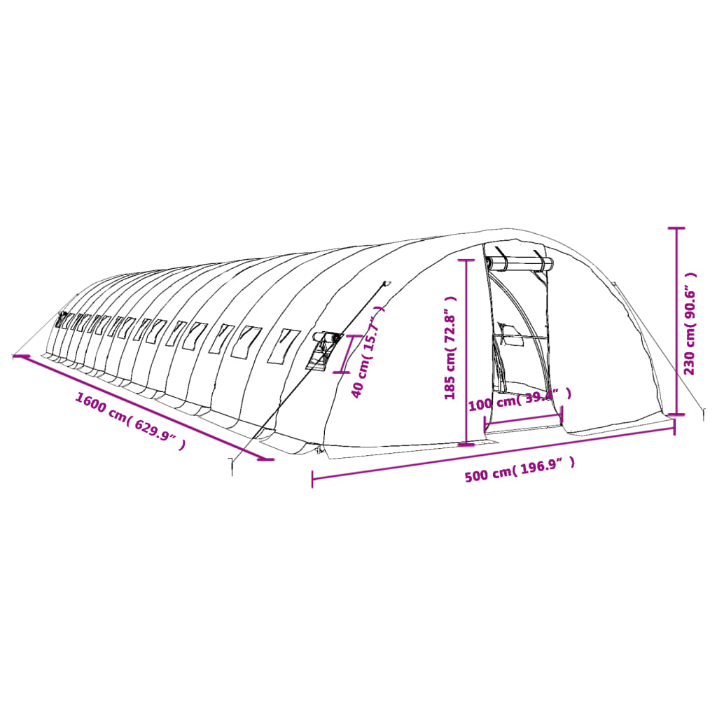 Gewächshaus mit Stahlrahmen Weiß 80 m² 16x5x2,3 m VIDAXL