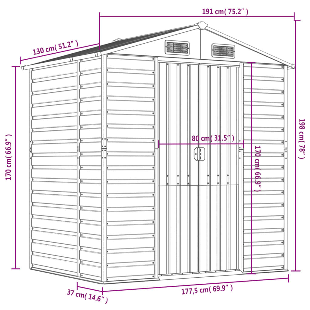 vidaXL Gerätehaus Anthrazit 191x130x198 cm Verzinkter Stahl