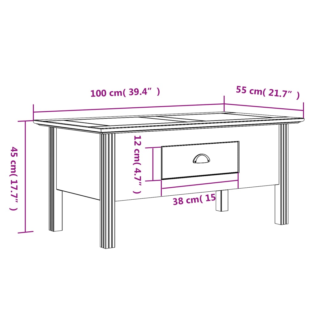 vidaXL Couchtisch BODO Grau 100x55x46 cm Massivholz Kiefer