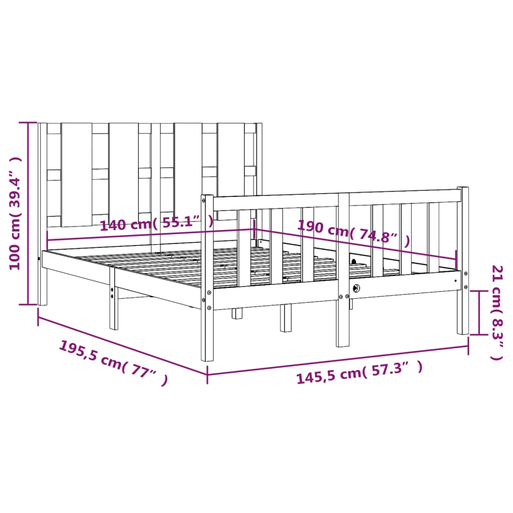 Massivholzbett mit Kopfteil Schwarz 140x190 cm Stilecasa