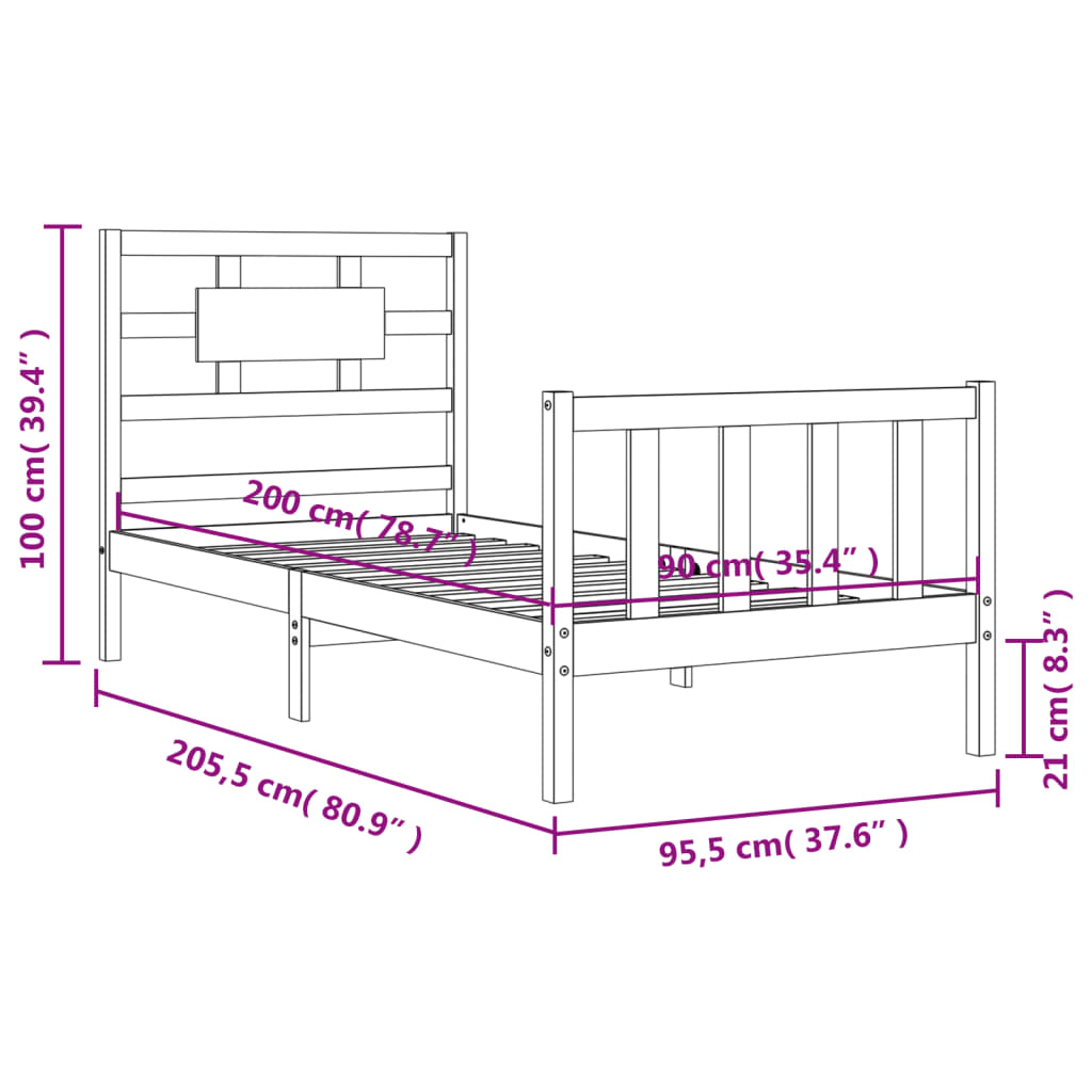 Massivholzbett mit Kopfteil Schwarz 90x200 cm Stilecasa