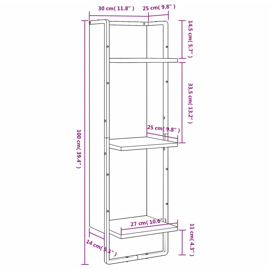 vidaXL Wandregal 3 Fächer Grau Sonoma 30x25x100 cm Holzwerkstoff