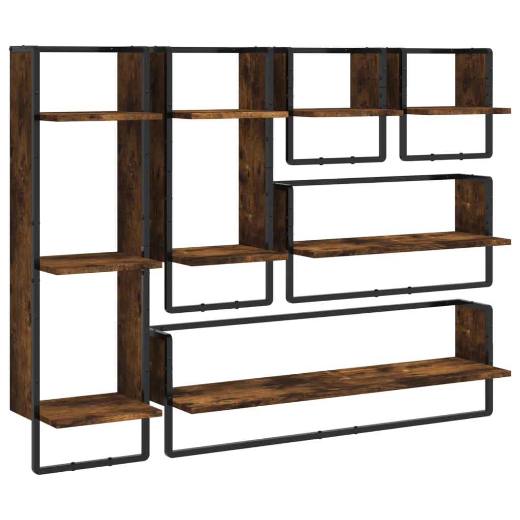 6-tlg. Wandregal-Set mit Stangen Räuchereiche Holzwerkstoff VIDAXL