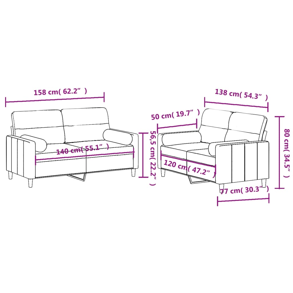 2-tlg. Sofagarnitur mit Kissen Creme Stoff Stilecasa