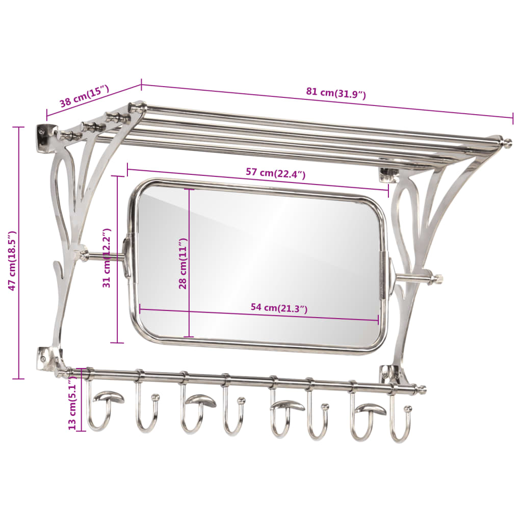 vidaXL Wandgarderobe mit Kleiderhaken & Spiegel Aluminium