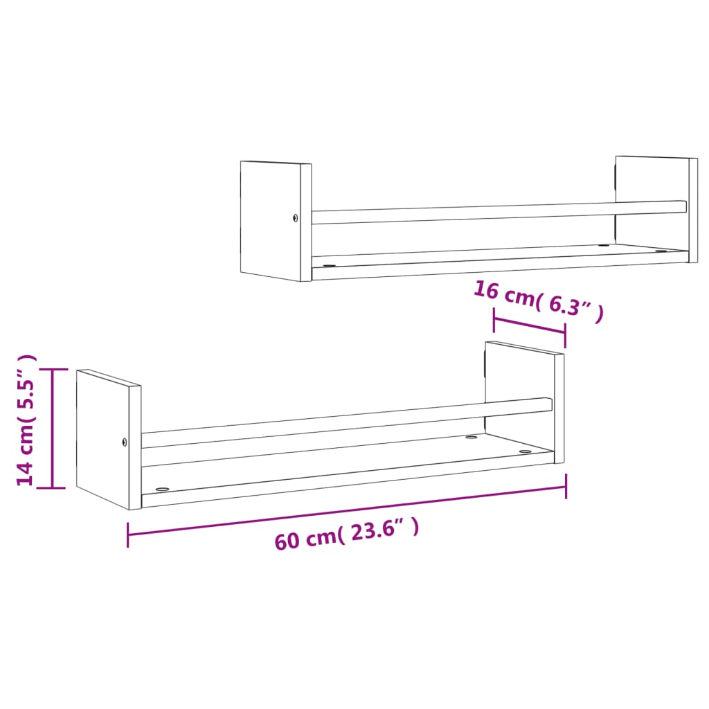 vidaXL Wandregale mit Stangen 2 Stk. Schwarz 60x16x14 cm