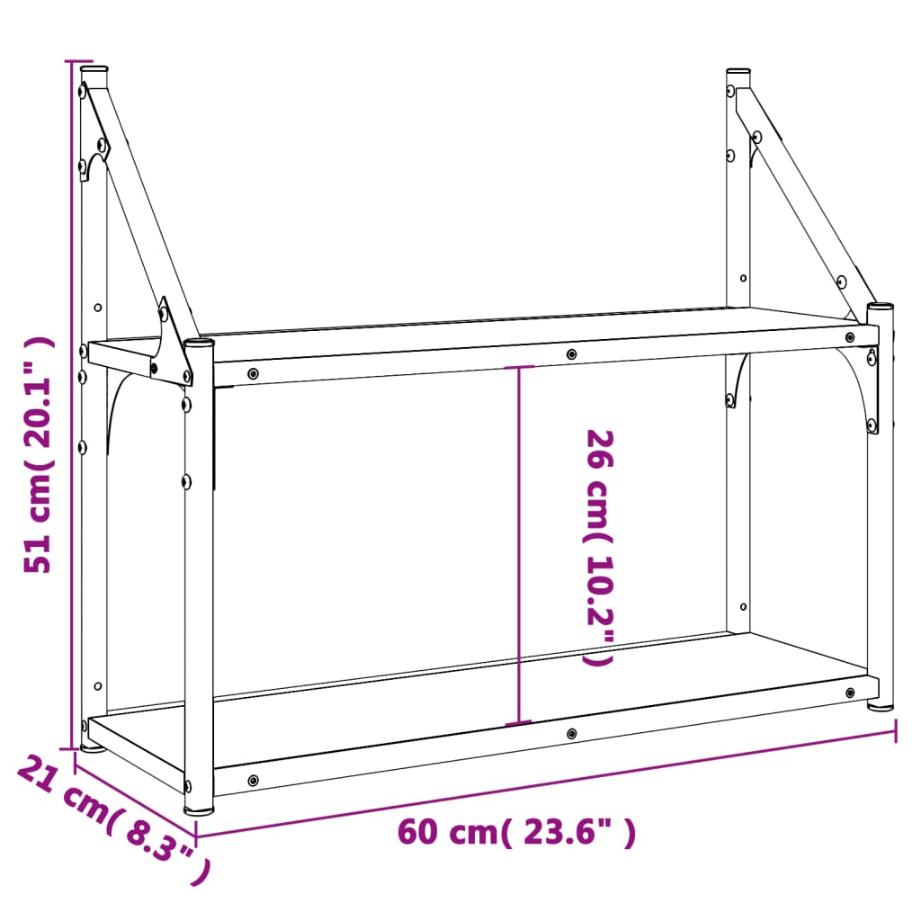 Wandregal 2 Fächer Grau Sonoma 60x21x51 cm Holzwerkstoff Stilecasa