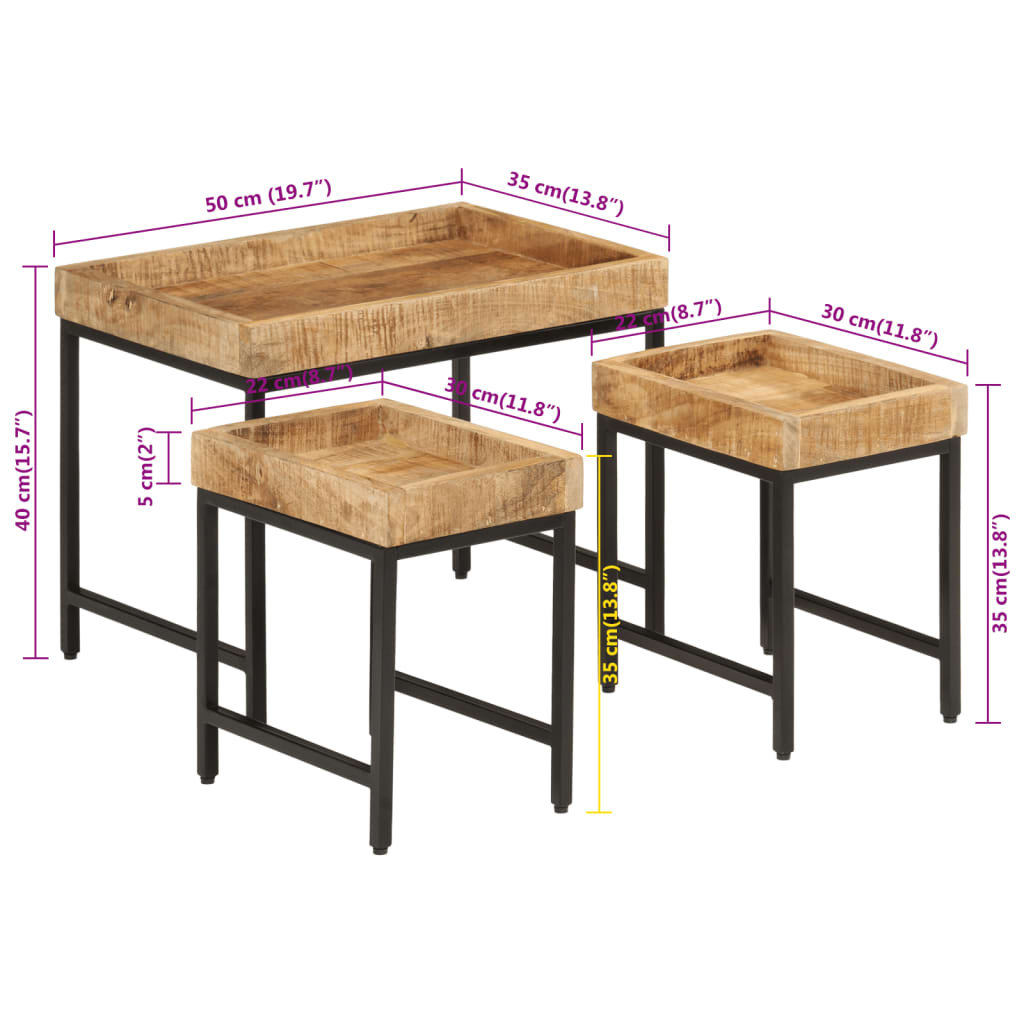 vidaXL Satztische 3 Stk. Raues Massivholz Mango und Eisen