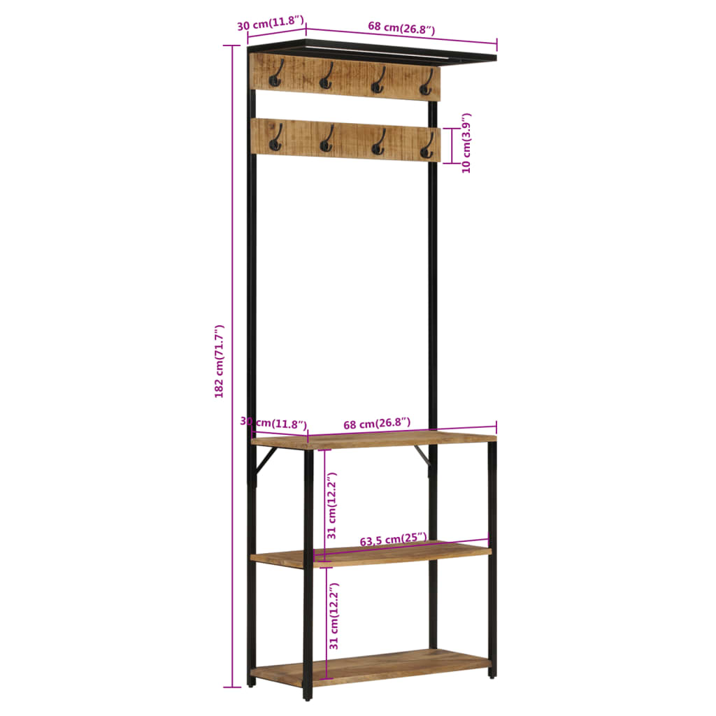 vidaXL Garderobe mit Schuhablage 68x30x182cm Raues Massivholz Mango