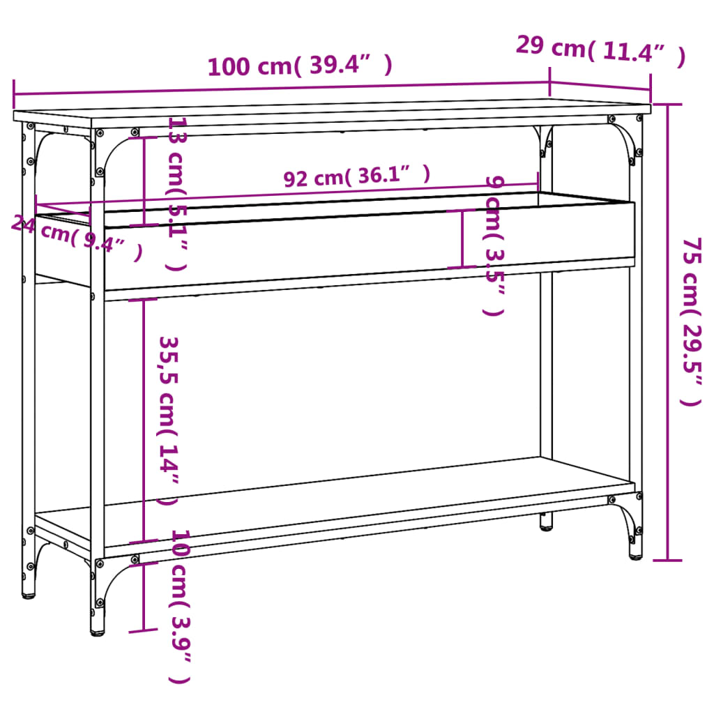 vidaXL Konsolentisch mit Ablage Grau Sonoma 100x29x75cm Holzwerkstoff