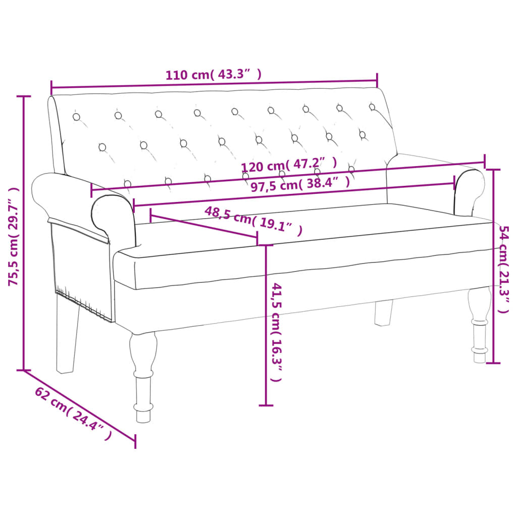 vidaXL Sitzbank mit Rückenlehne Weinrot 120x62x75,5 cm Stoff