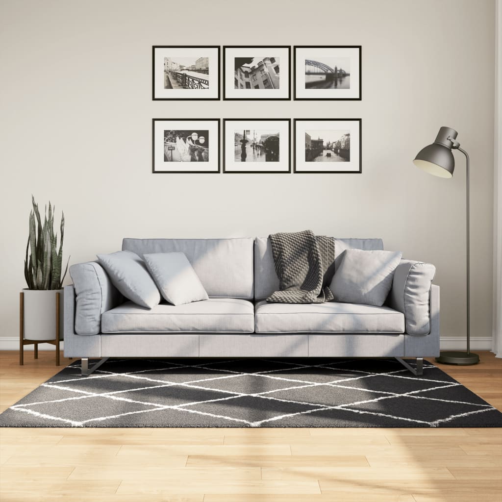 Teppich Shaggy Hochflor Modern Schwarz und Creme 120x170 cm Stilecasa