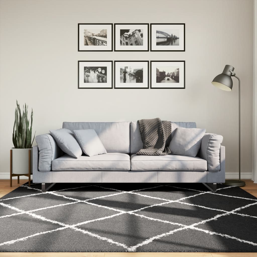 vidaXL Teppich Shaggy Hochflor Modern Schwarz und Creme 200x200 cm