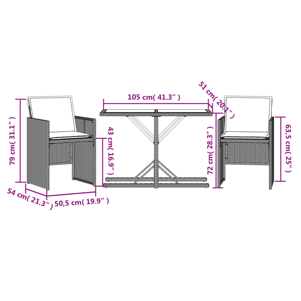 vidaXL 3-tlg. Bistro-Set mit Kissen Braun Poly Rattan