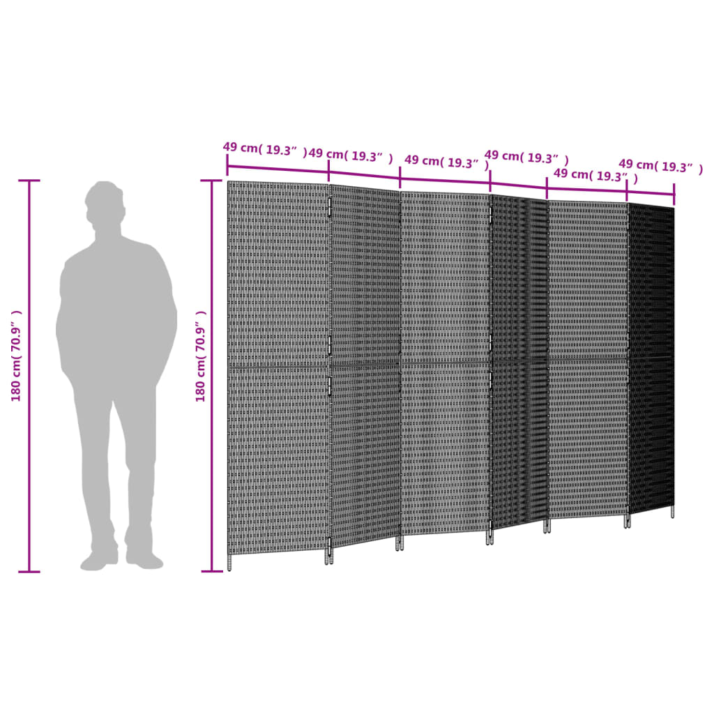 vidaXL Paravent 6-tlg. Grau Poly Rattan