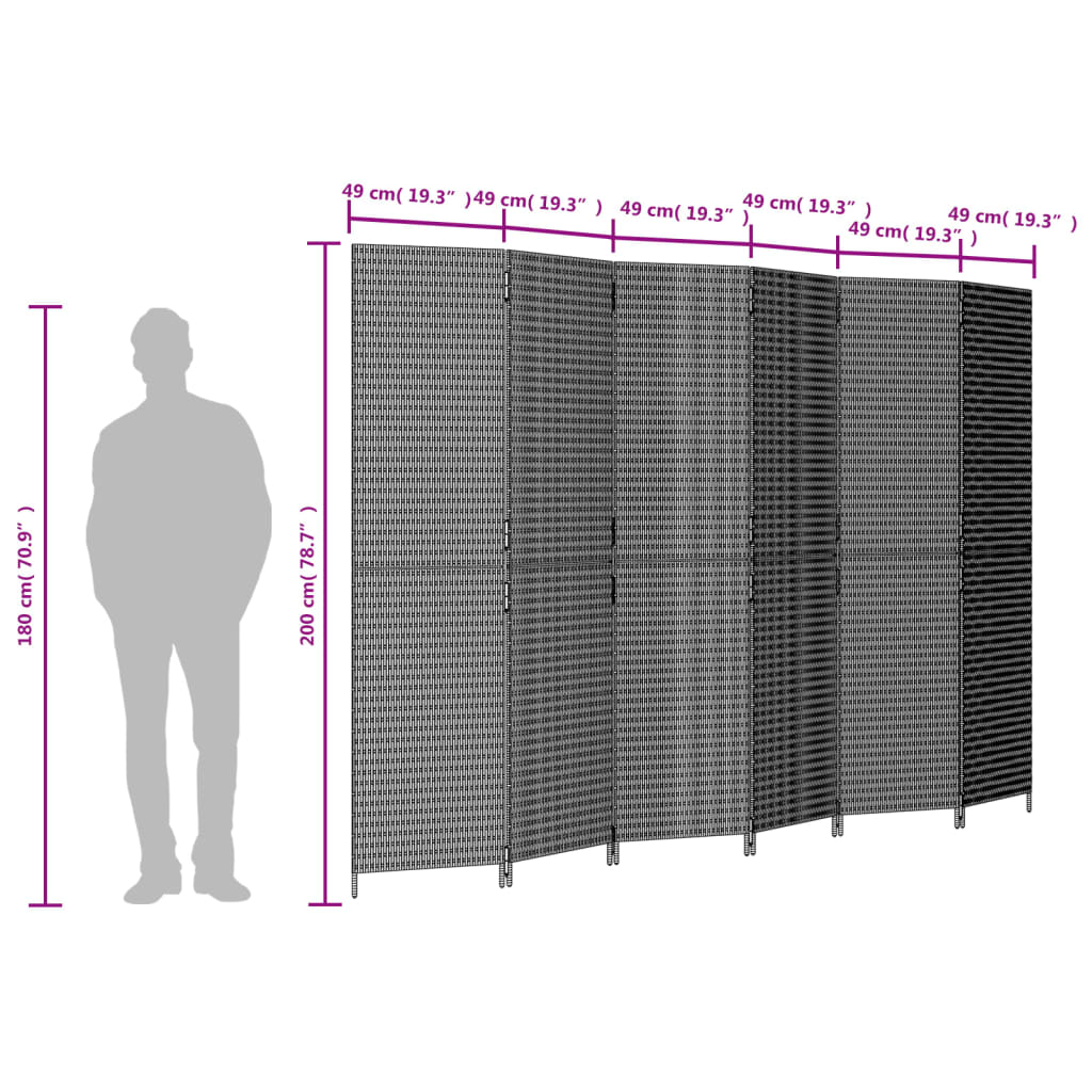 Paravent 6-tlg. Schwarz Poly Rattan Stilecasa