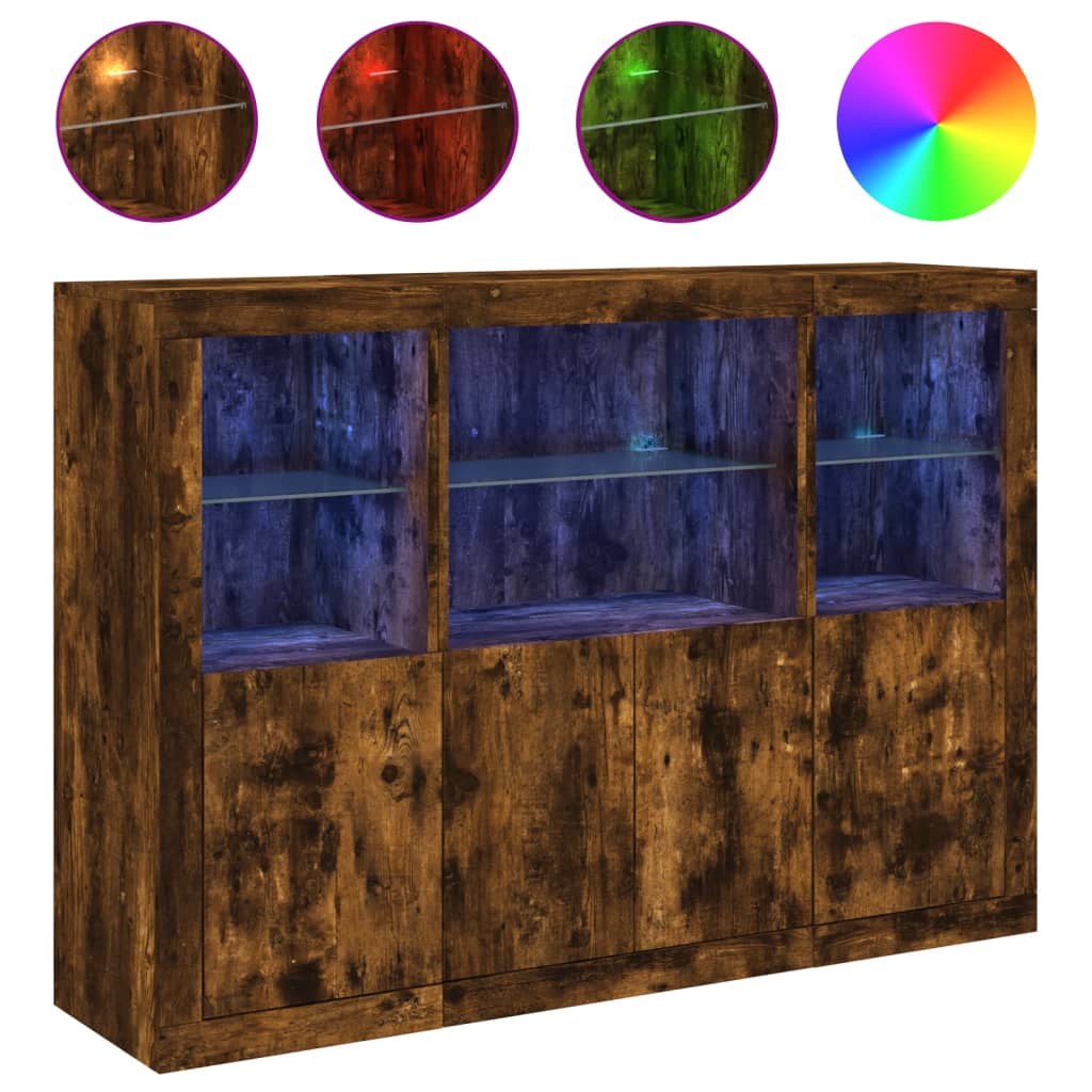 vidaXL Sideboards mit LED-Leuchten 3 Stk. Räuchereiche Holzwerkstoff