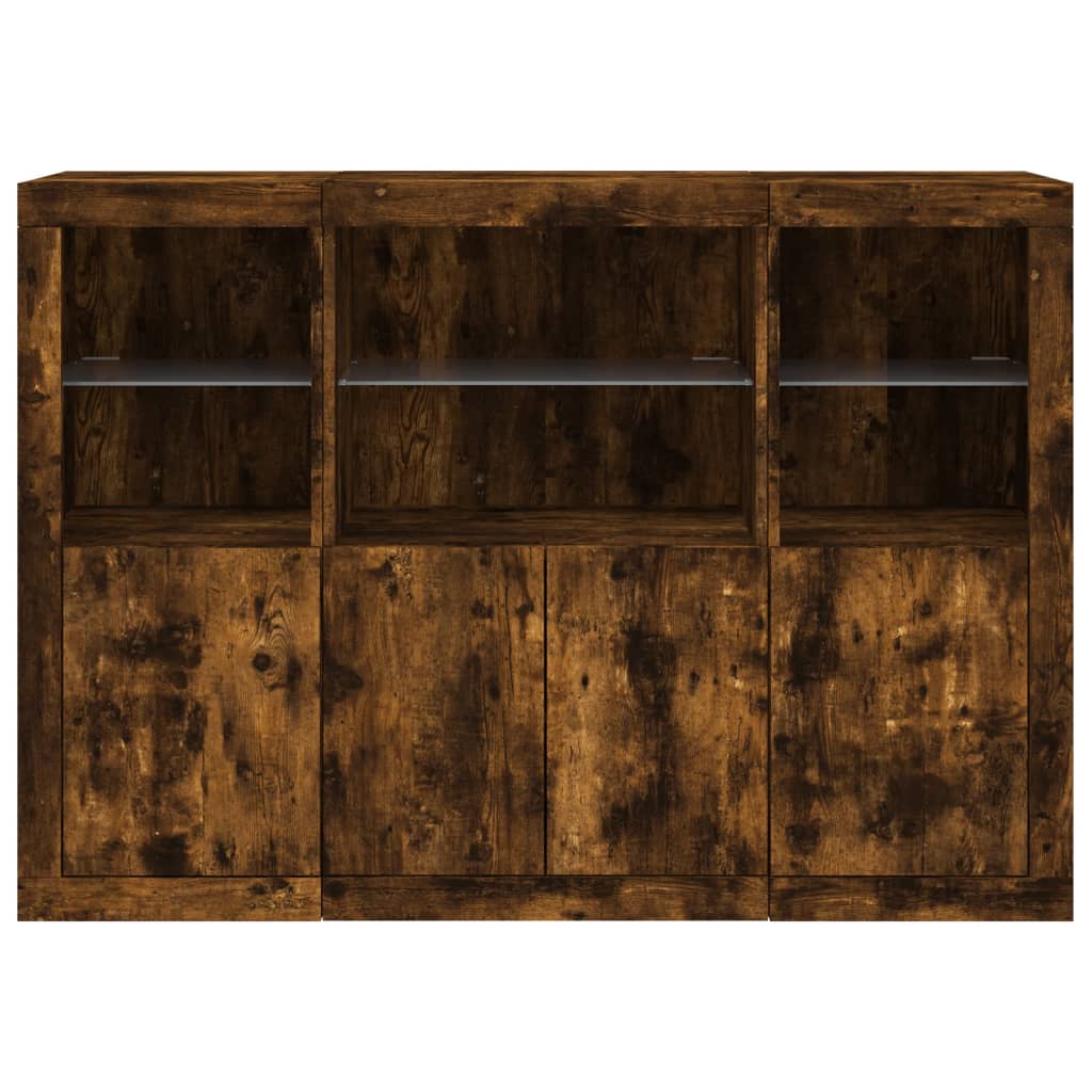 vidaXL Sideboards mit LED-Leuchten 3 Stk. Räuchereiche Holzwerkstoff