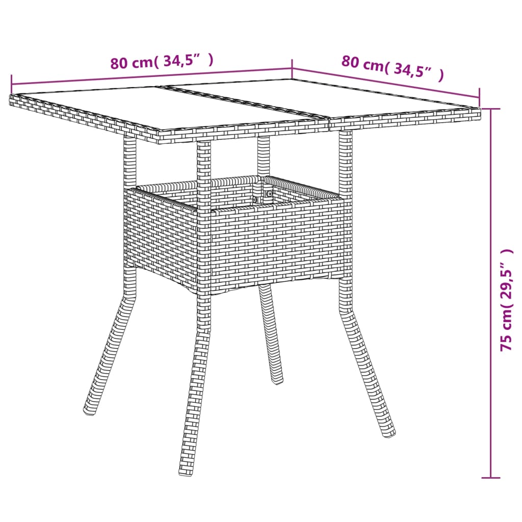 vidaXL Gartentisch mit Glasplatte Grau 80x80x75 cm Poly Rattan