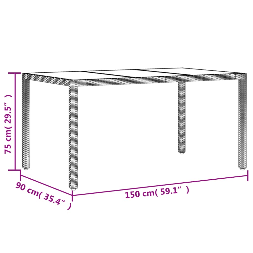 vidaXL Gartentisch mit Glasplatte Braun 150x90x75 cm Poly Rattan