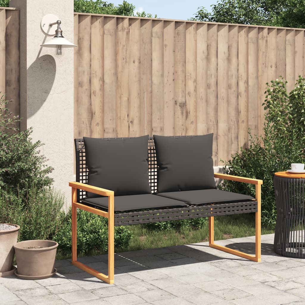 vidaXL Gartenbank mit Kissen Schwarz Poly Rattan Akazienholz