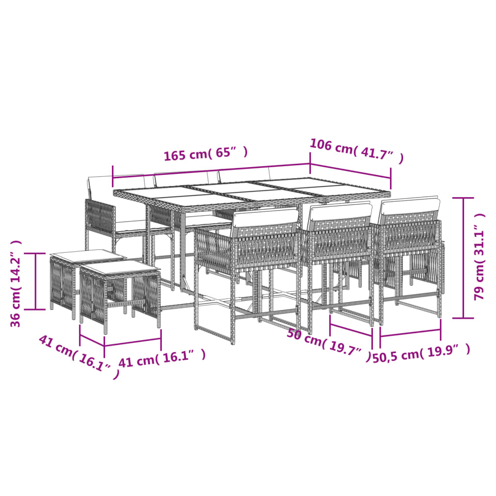 11-tlg. Garten-Essgruppe mit Kissen Grau Poly Rattan Stilecasa