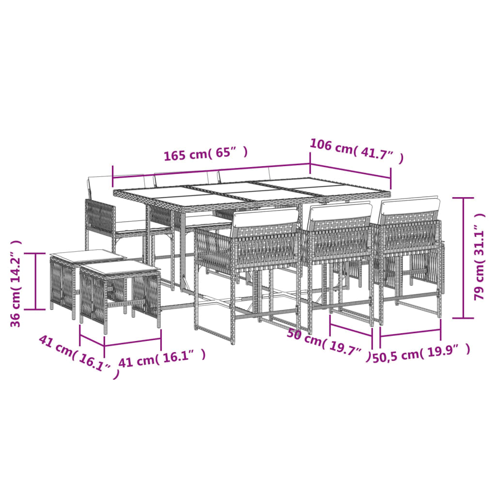 11-tlg. Garten-Essgruppe mit Kissen Schwarz Poly Rattan Stilecasa