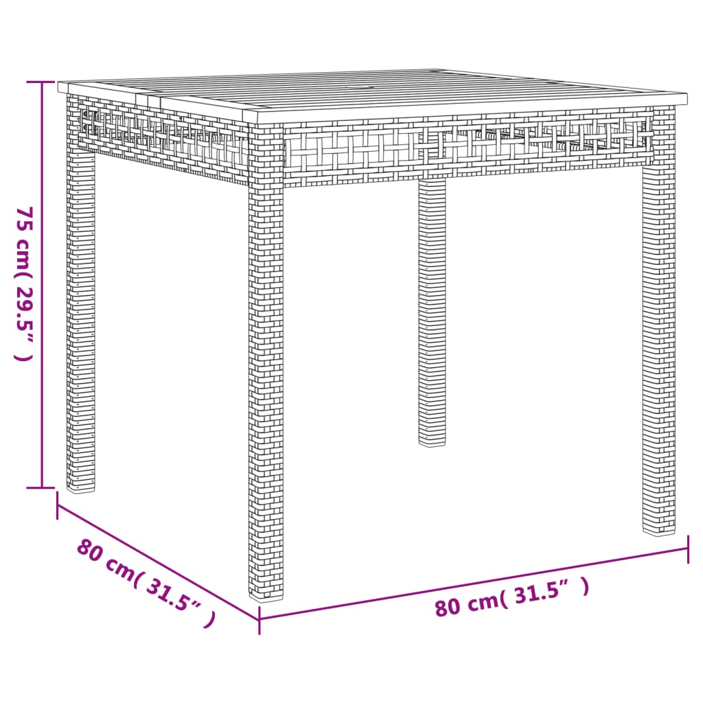 vidaXL Gartentisch Schwarz 80x80x75 cm Poly Rattan Akazienholz