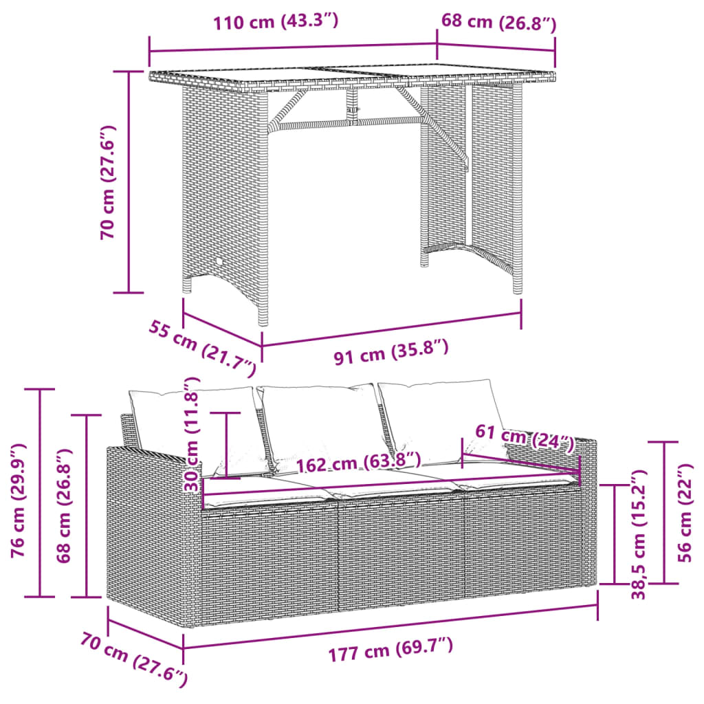 vidaXL 2-tlg. Garten-Essgruppe mit Kissen Hellgrau Poly Rattan