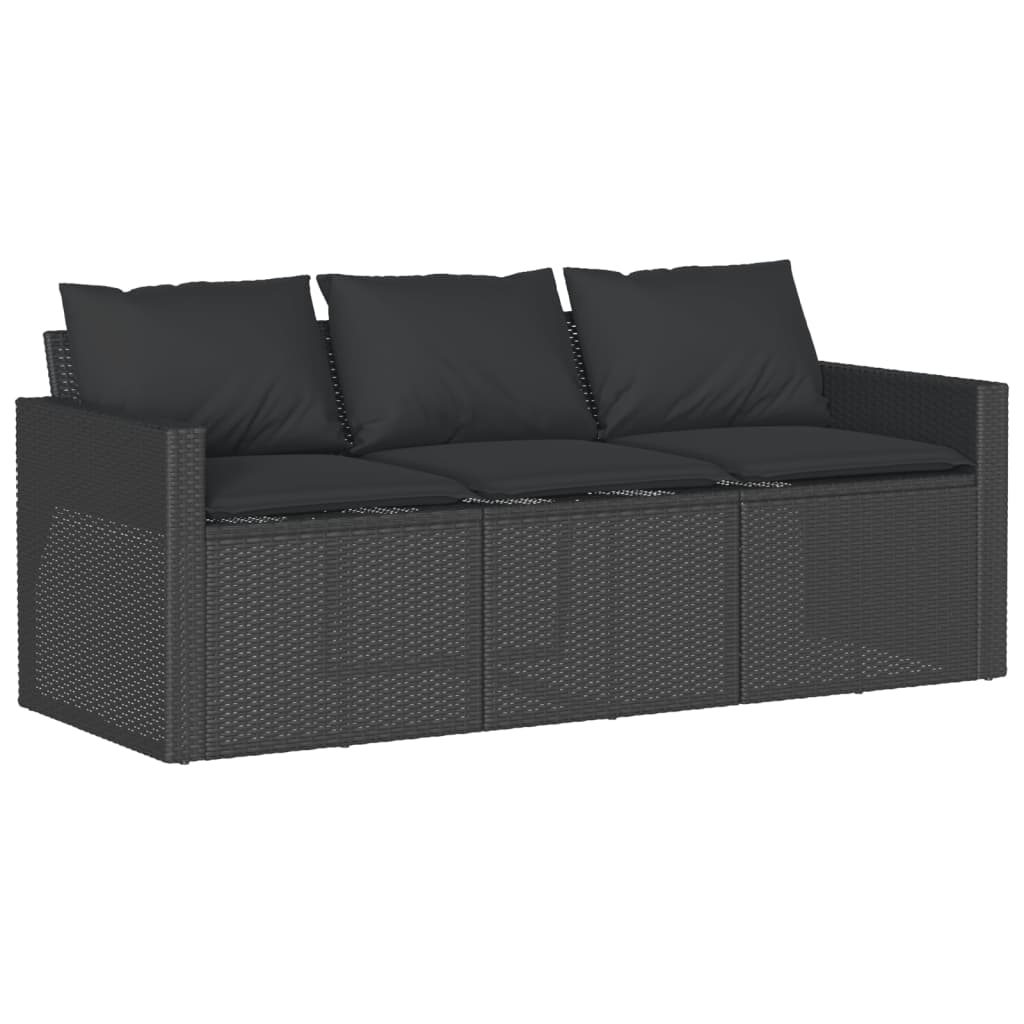 vidaXL Gartensofa mit Kissen 3-Sitzer Schwarz Poly Rattan