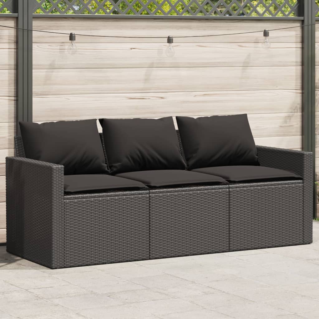 vidaXL Gartensofa mit Kissen 3-Sitzer Schwarz Poly Rattan