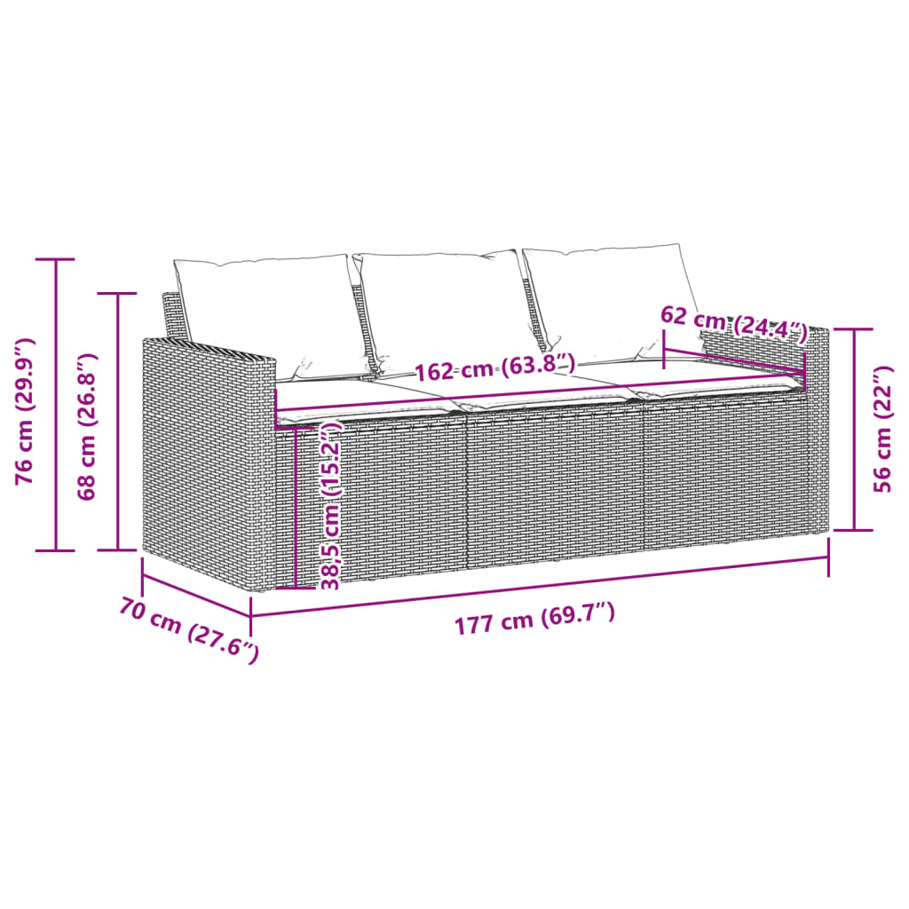 vidaXL Gartensofa mit Kissen 3-Sitzer Grau Poly Rattan