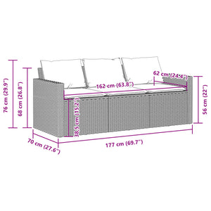 vidaXL Gartensofa mit Kissen 3-Sitzer Grau Poly Rattan