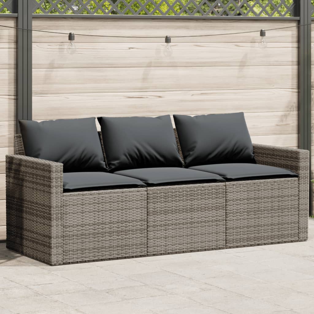 vidaXL Gartensofa mit Kissen 3-Sitzer Grau Poly Rattan