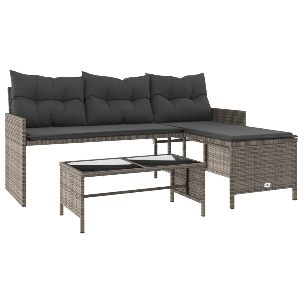 vidaXL Gartensofa in L-Form mit Tisch und Kissen Grau Poly Rattan