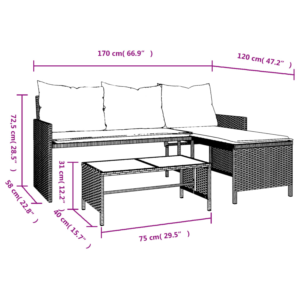 vidaXL Gartensofa in L-Form mit Tisch und Kissen Grau Poly Rattan